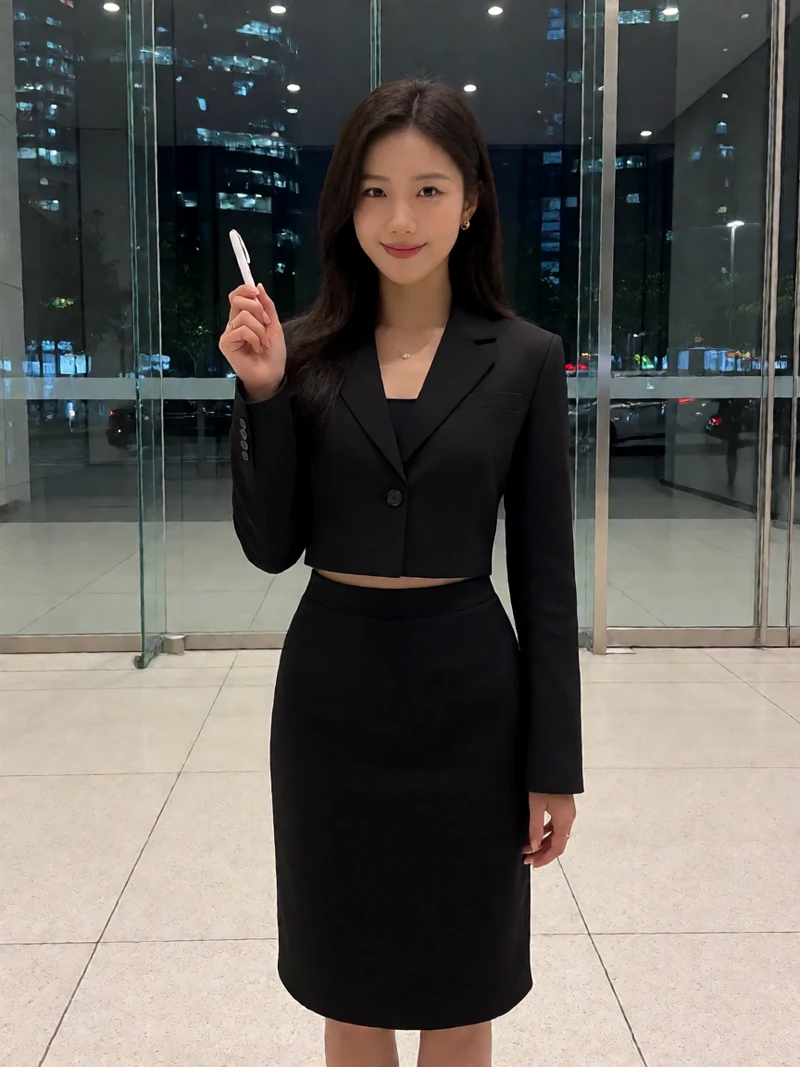 年轻成年女白领穿黑色合身短外套与裙子站在夜间写字楼大厅，手拿钢笔