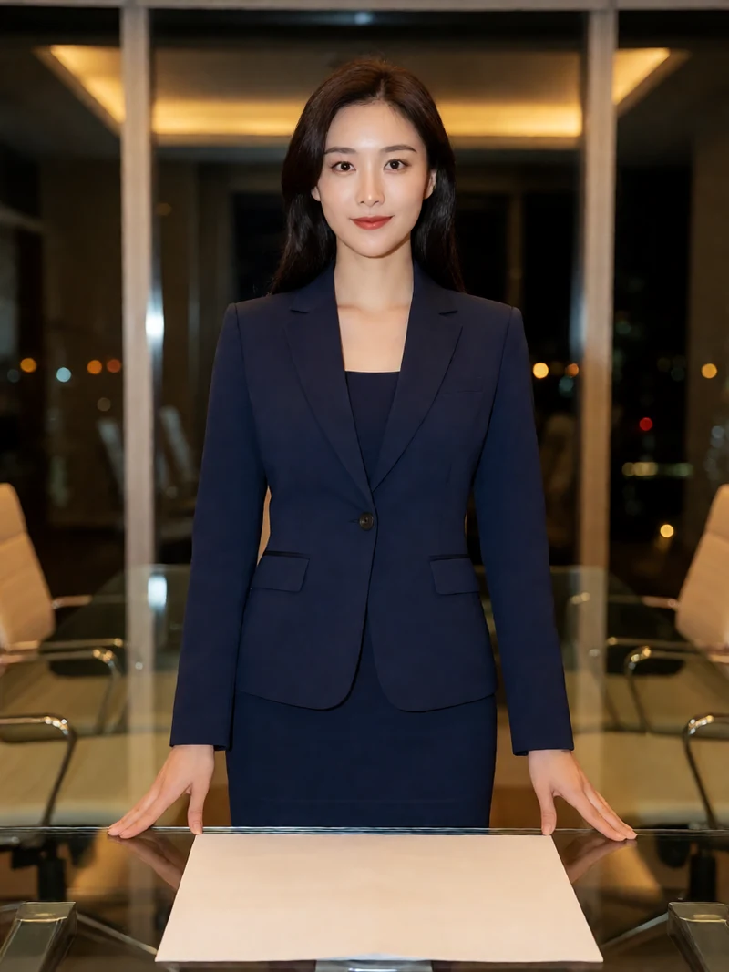 成年女上司穿深蓝色合身套装在夜间会议室桌旁整理文件