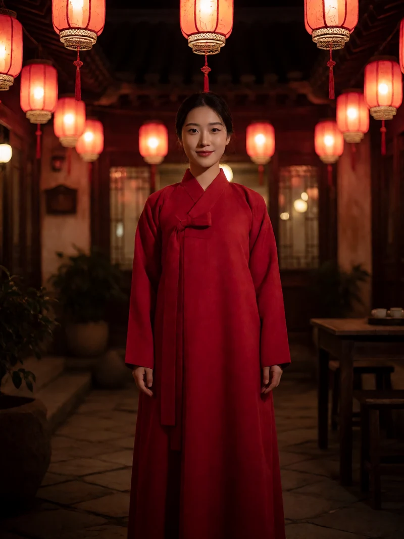 年轻成年女掌柜穿红色古风长裙站在灯笼照亮的茶楼庭院